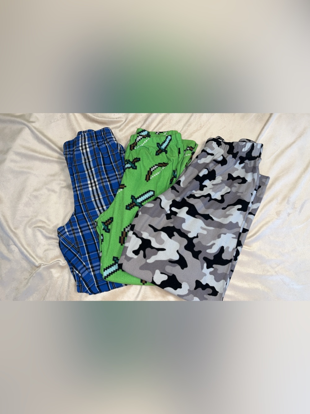 Set of 3 Kids Lounge Pants — Blue Plaid, Minecraft Sword, Gray Camo